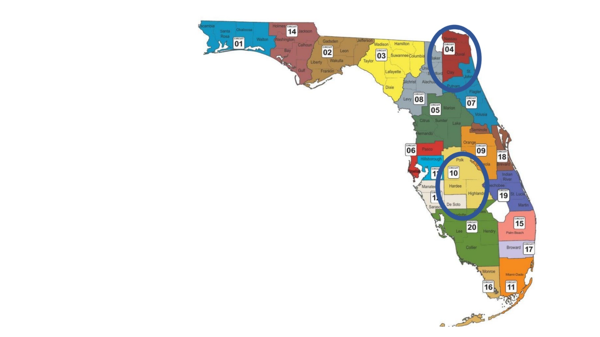 Map showing Florida&rsquo;s 20 judicial districts and indicating with circles that NAFI FL offers services in circuits 4 and 10